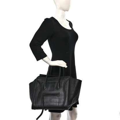 Celine Crocodile Embossed Calfskin Medium Phantom Luggage Black 2 of 8