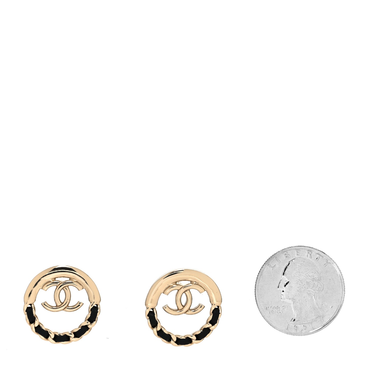 Lambskin Chain CC Round Earrings Gold Black