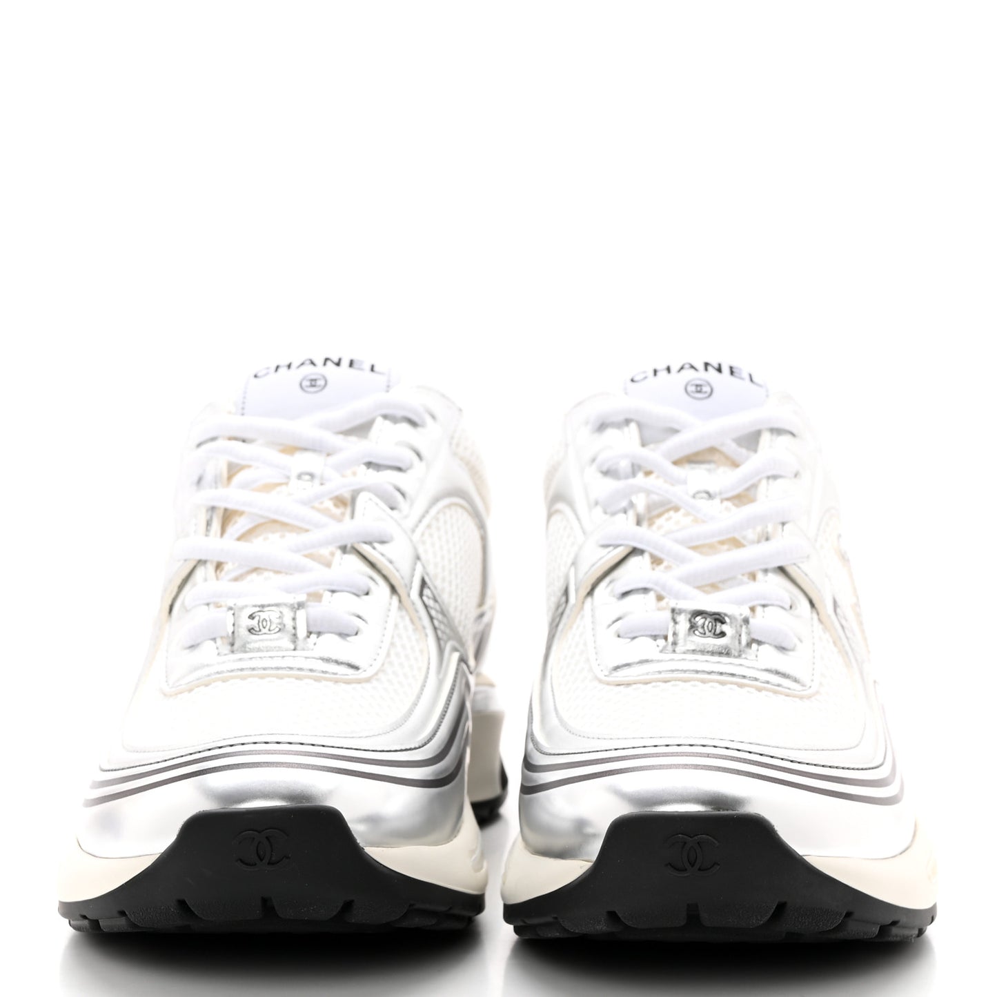 Fabric Laminated Calfskin Stretch CC Womens Sneakers 40 White Silver