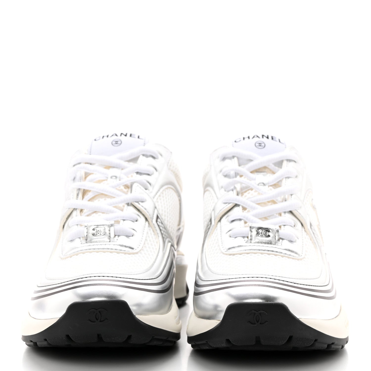Chanel Fabric Laminated Calfskin Stretch CC Womens Sneakers 40 White Silver 2 of 11