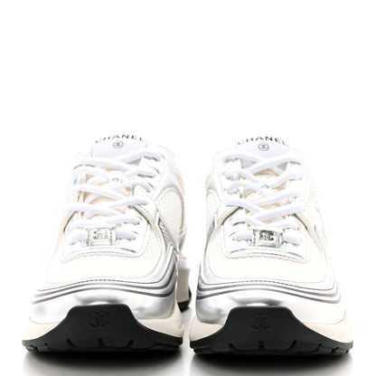 Chanel Fabric Laminated Calfskin Stretch CC Womens Sneakers 40 White Silver 2 of 11