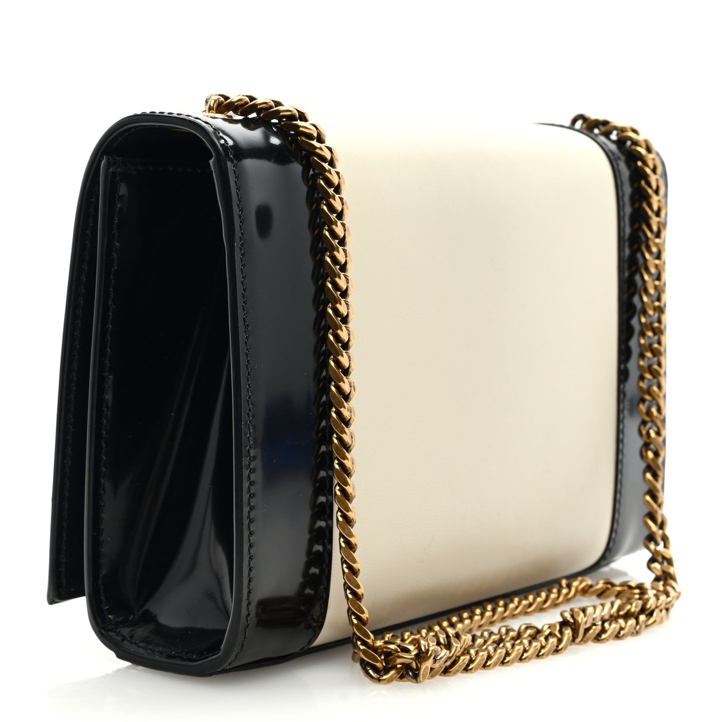 Nappa Patent Calfskin Two-Toned Small Monogram Kate Satchel Alabastro Black
