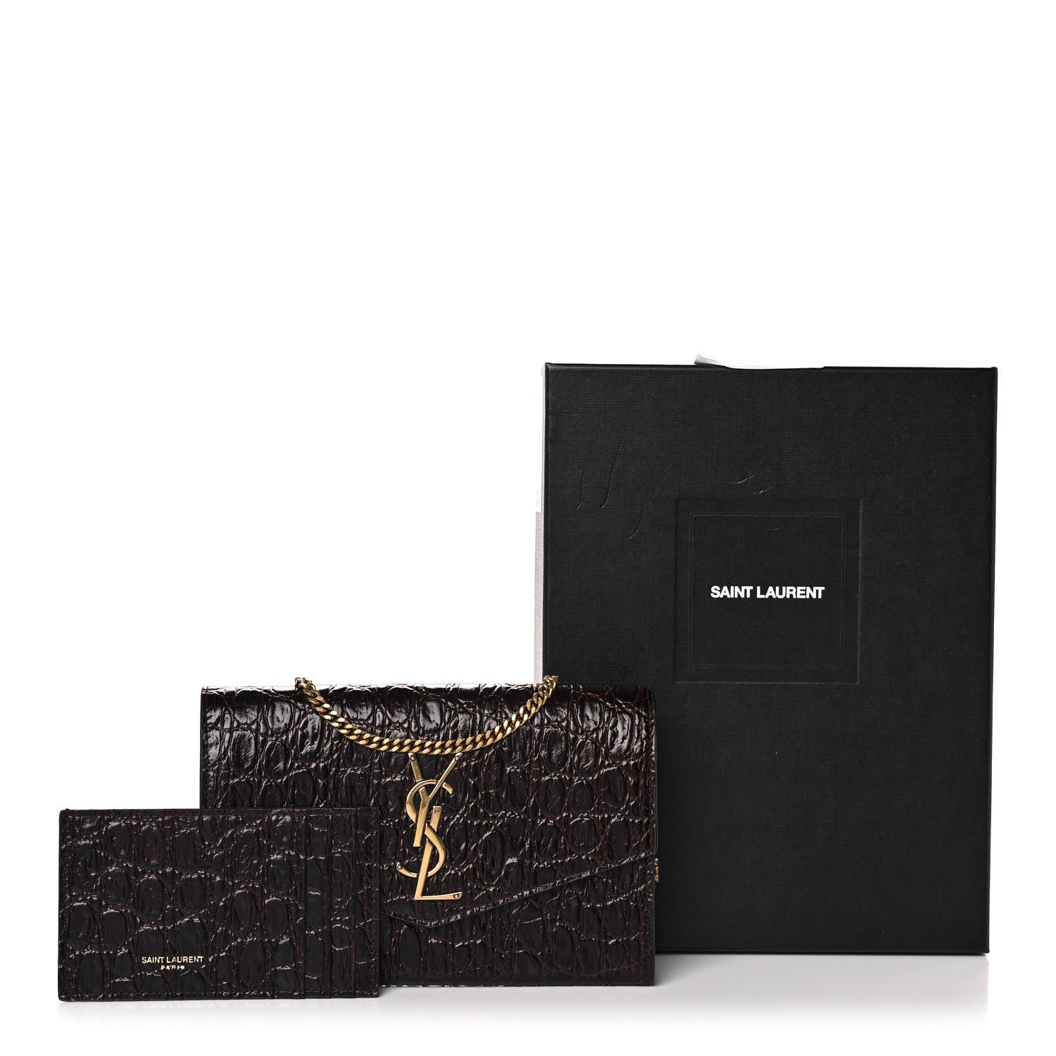Saint Laurent Calfskin Crocodile Embossed Monogram Uptown Chain Wallet Fondente 11 of 11