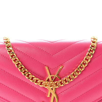 Saint Laurent Grain De Poudre Matelasse Chevron Monogram Chain Wallet Lipstick Fuchsia 7 of 9