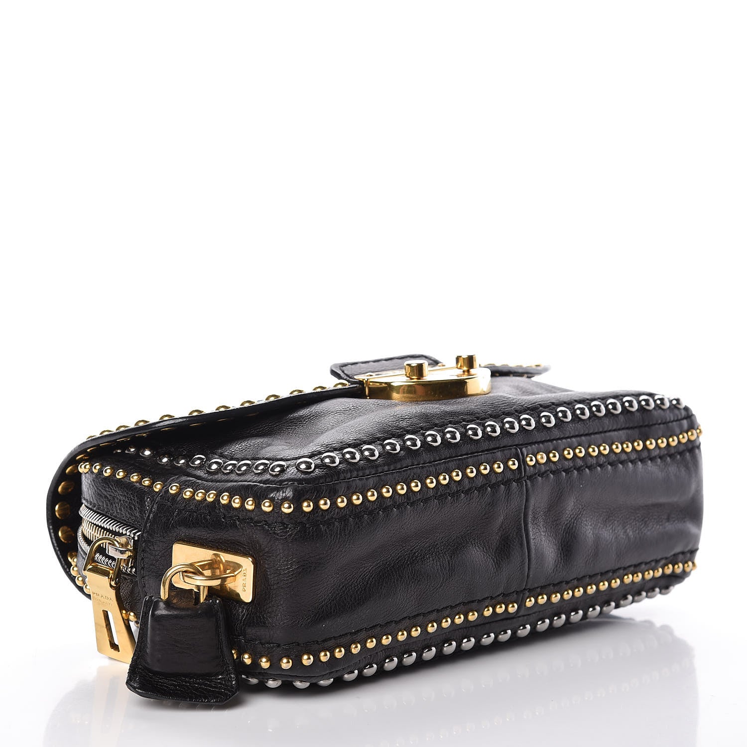 Prada Glace Calf Studded Pushlock Chain Shoulder Bag Black 414166