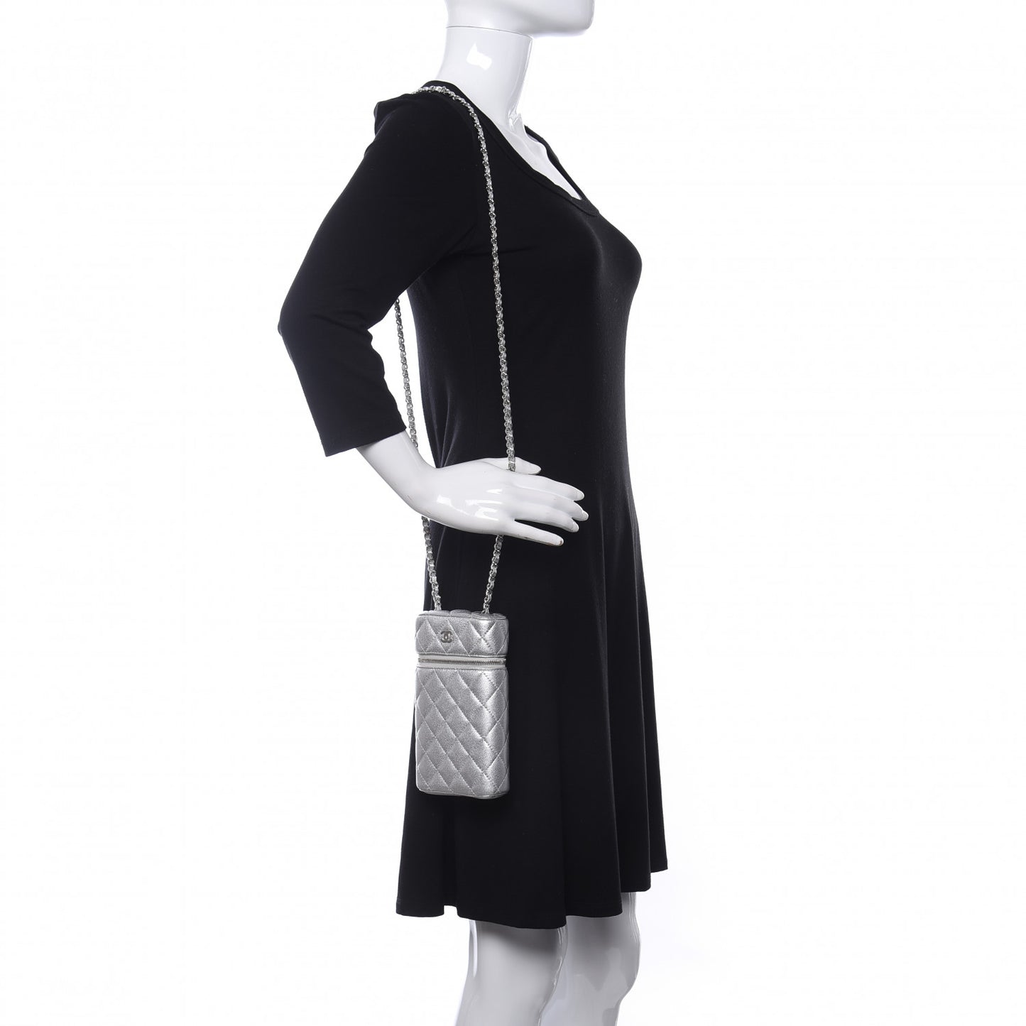 Metallic Lambskin Quilted Phone Holder With Chain Silver