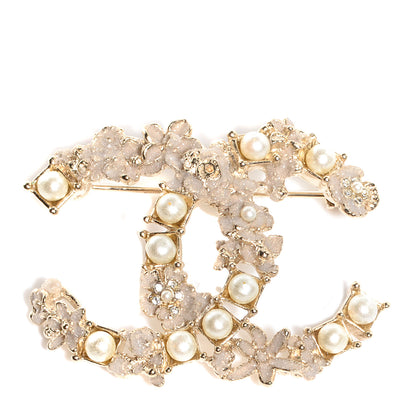 Chanel Pearl Crystal CC Flower Brooch White Nacre Gold 1 of 5