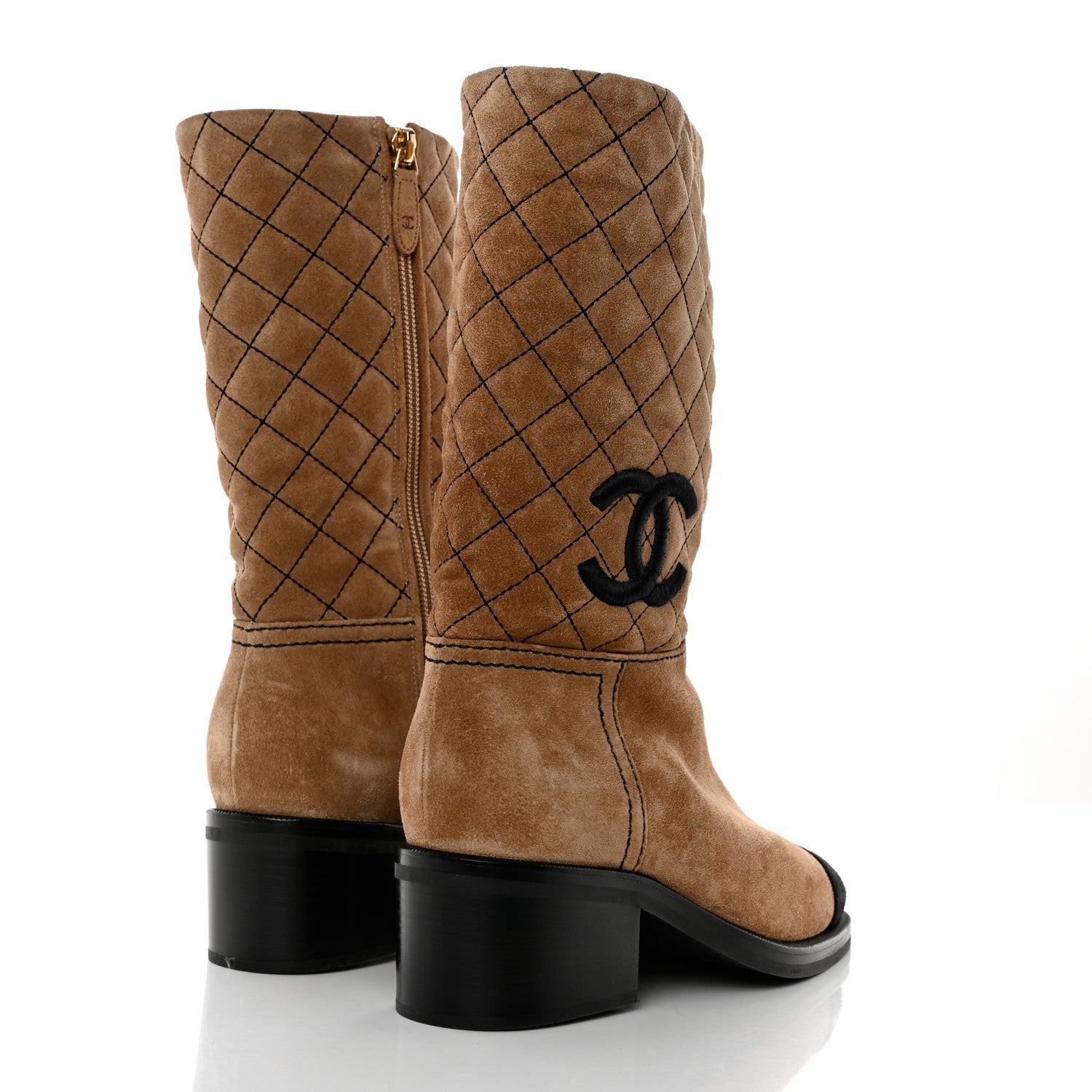 Chanel Suede Quilted CC High Boots 37 Dark Beige Black 4 of 9