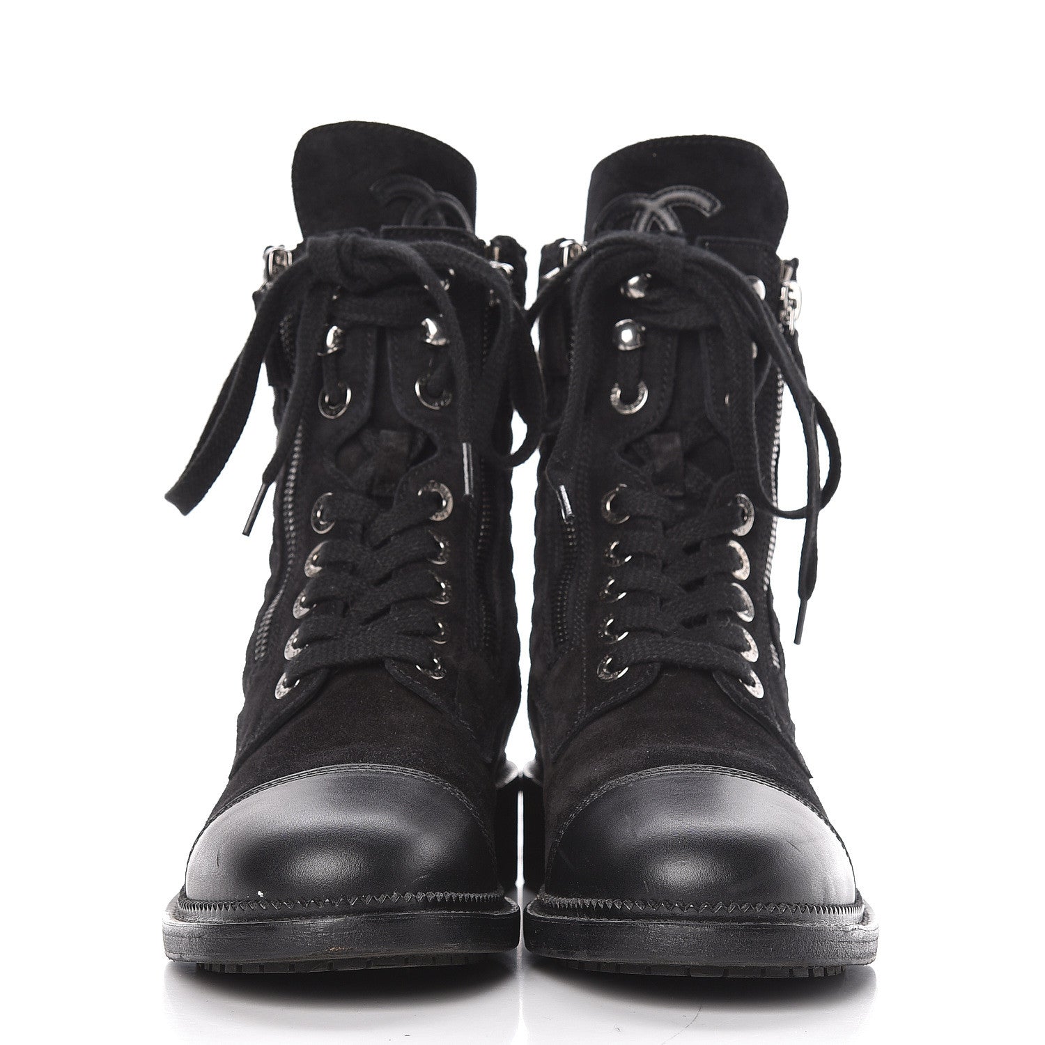 Chanel Suede Quilted CC Lace Up Combat Boots 37 Black 2 of 15