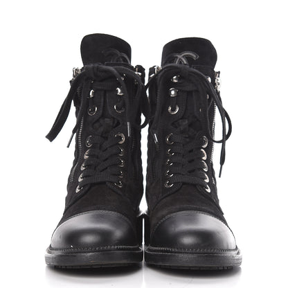 Chanel Suede Quilted CC Lace Up Combat Boots 37 Black 2 of 15