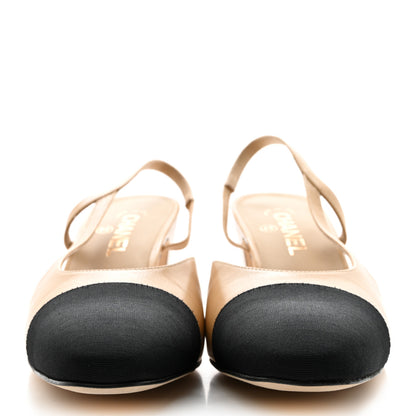 Chanel Goatskin Grosgrain Cap Toe CC Slingback Pumps 41 Beige Black 2 of 9