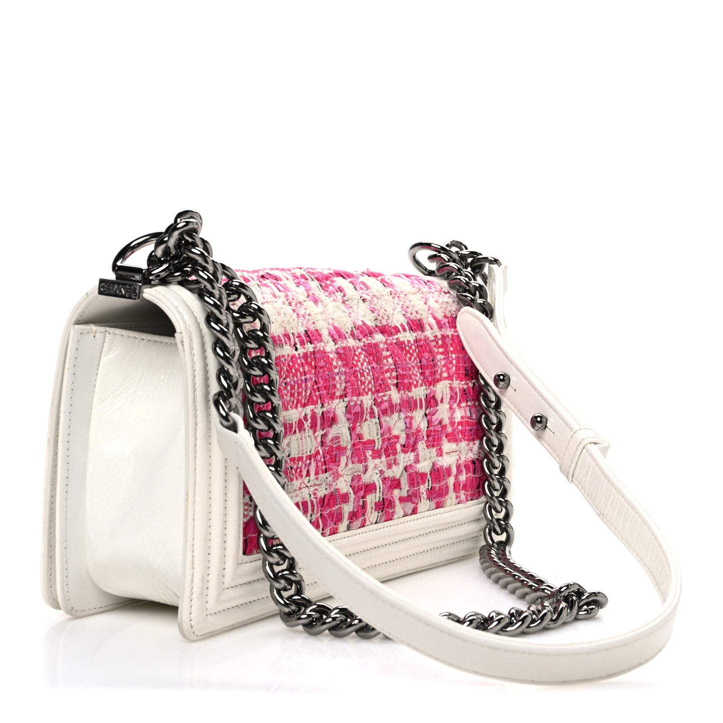 Patent Tweed Medium Boy Flap White