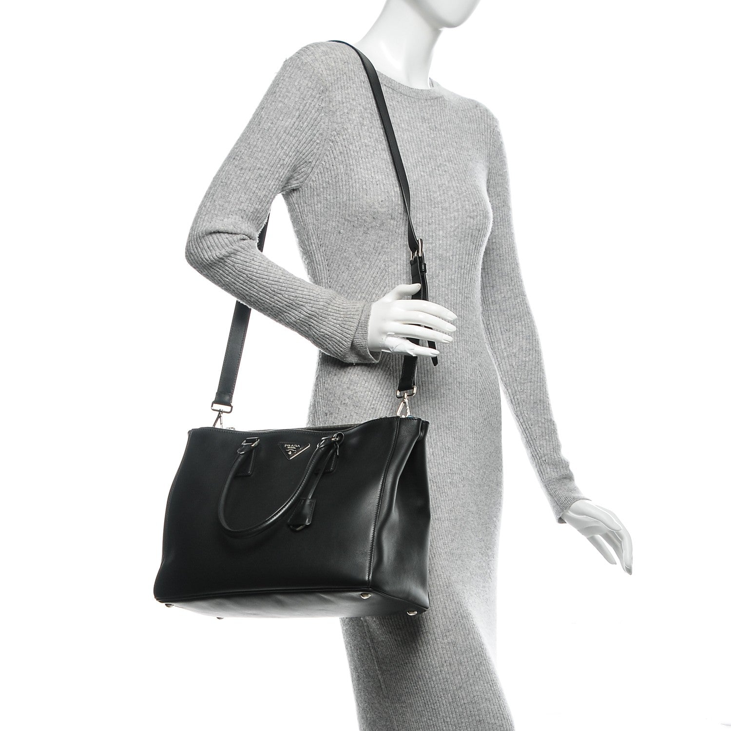 Prada City Calf Bi-Color Medium Galleria Double Zip Tote Black Celeste 2 of 6