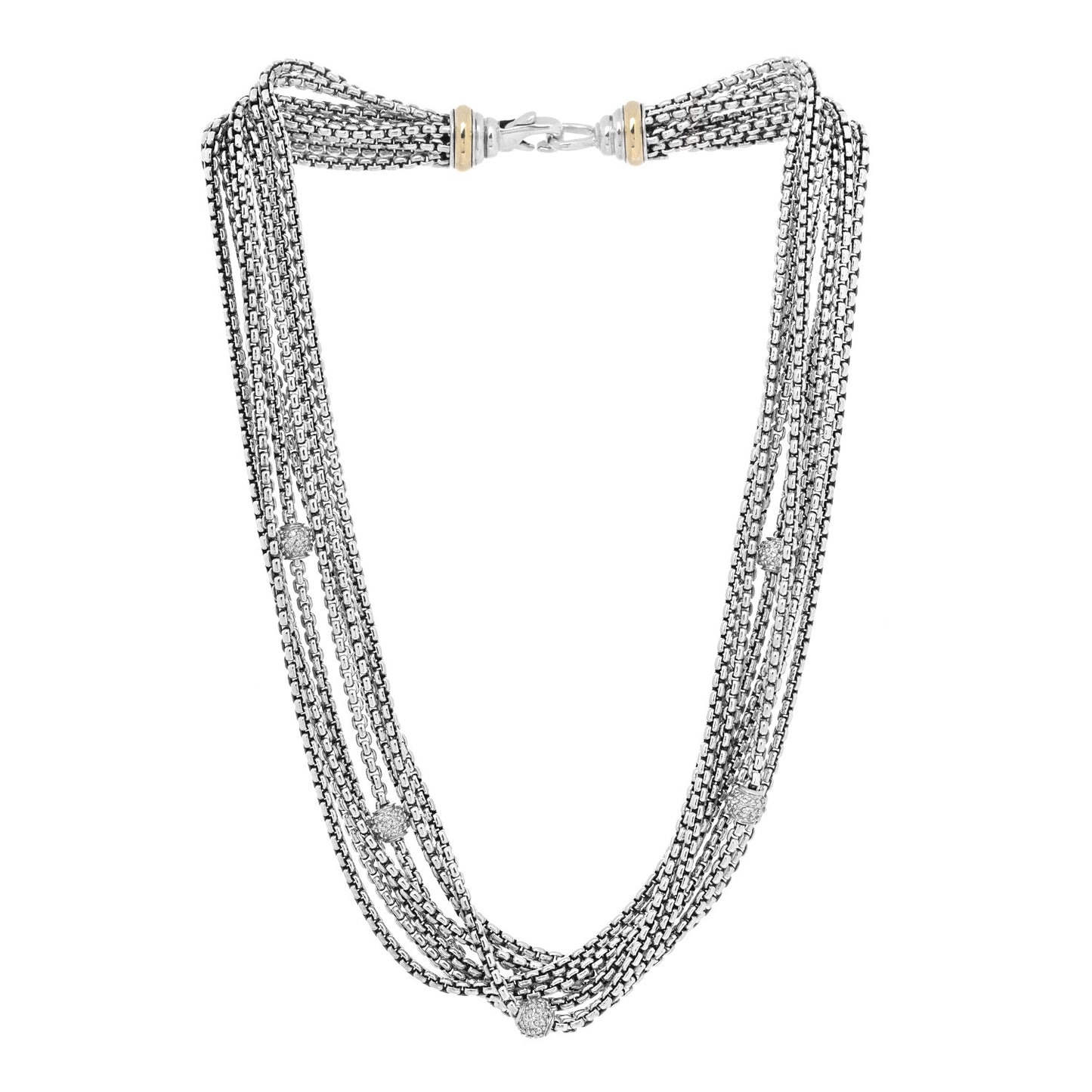 Sterling Silver 18 Yellow Gold Diamond Multi Strand Station Necklace