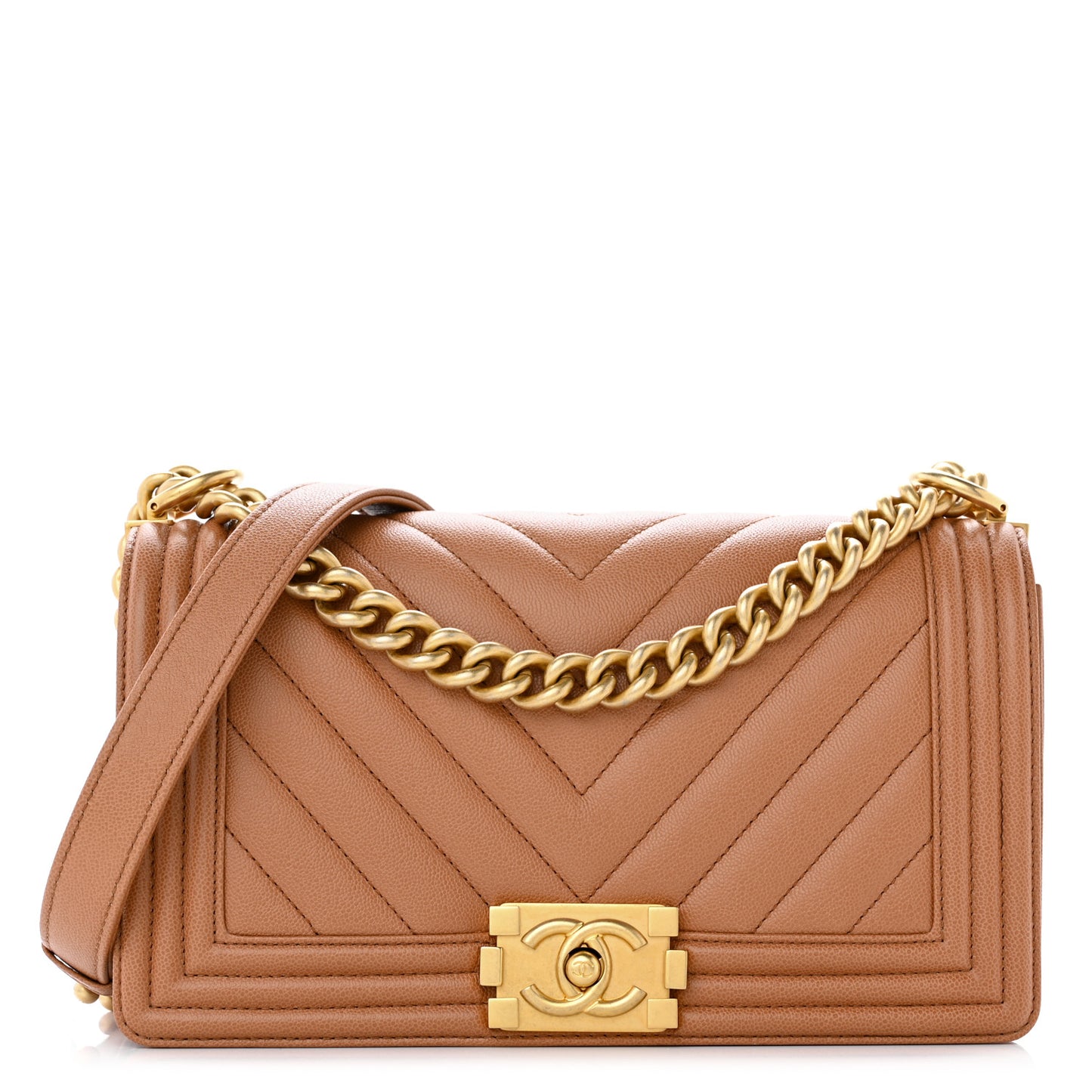 Caviar Chevron Quilted Medium Boy Flap Brown