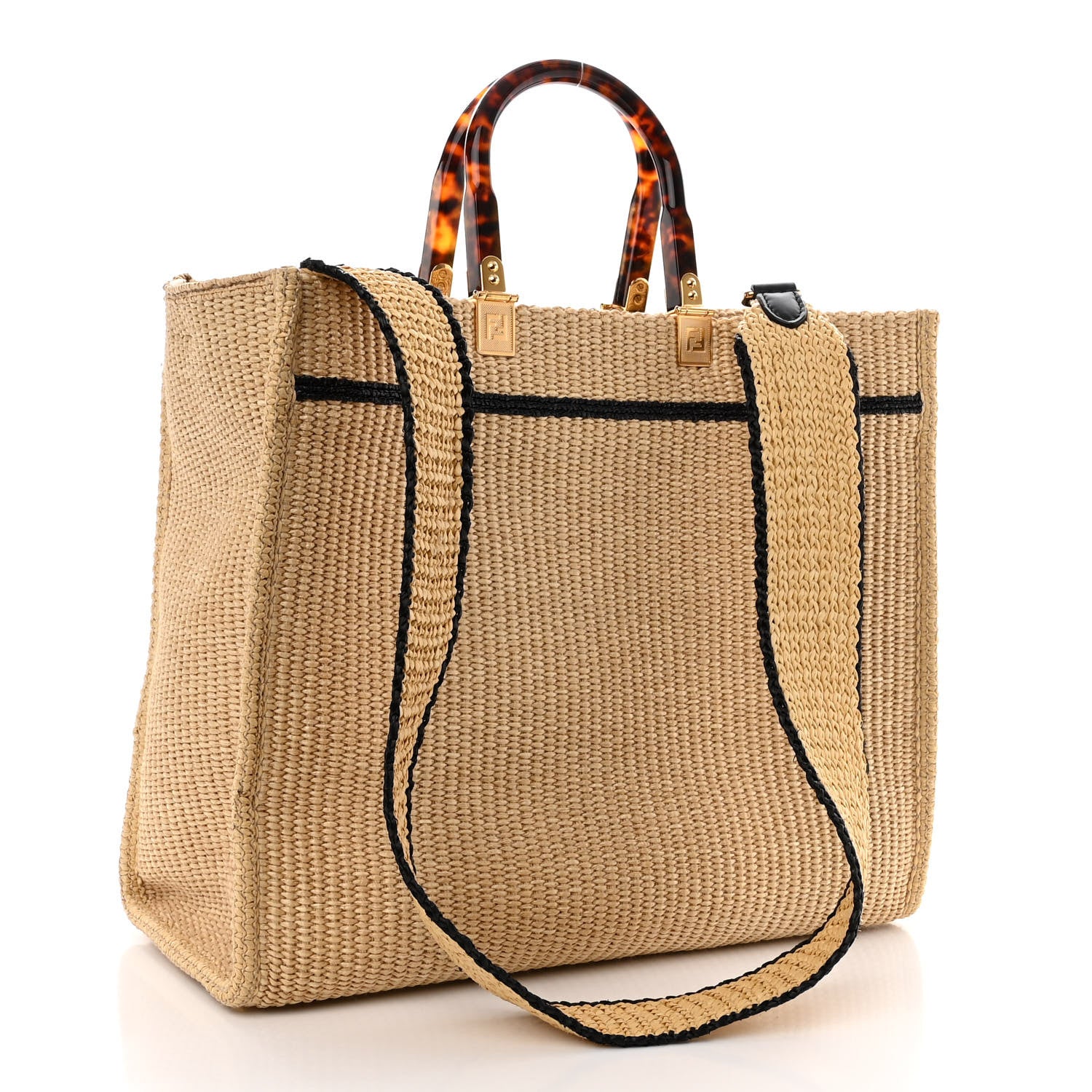 Fendi Straw Vitello King Plexiglass Woven Medium Fendi Sunshine Shopper Tote Natural Black 3 of 13