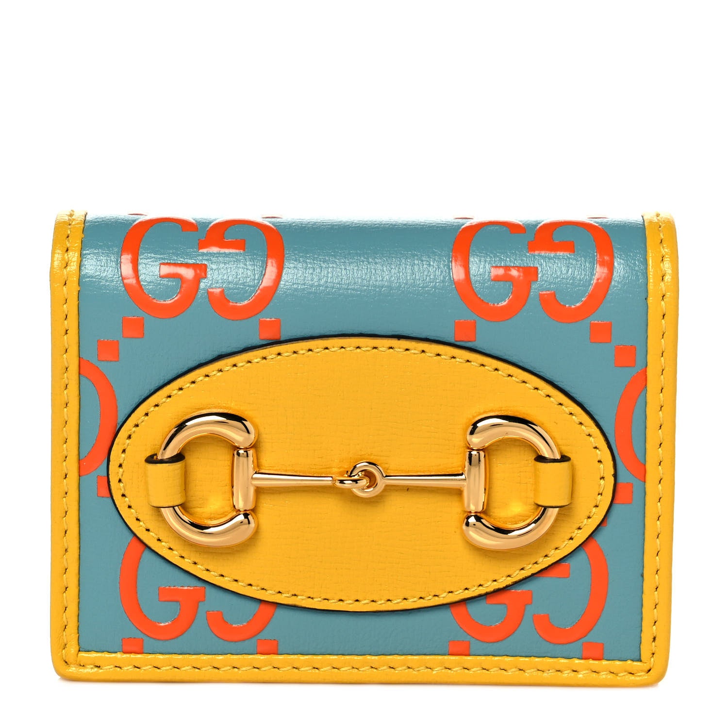 Gucci Azalea Calfskin GG Monogram Bi-Color Debossed Horsebit 1955 Card Case Wallet Dusty Azure Stone Topaz Deep Orange 1 of 10