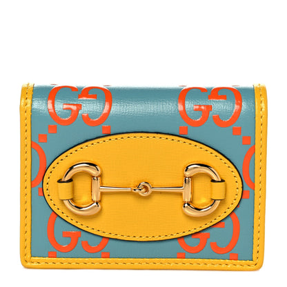 Gucci Azalea Calfskin GG Monogram Bi-Color Debossed Horsebit 1955 Card Case Wallet Dusty Azure Stone Topaz Deep Orange 1 of 10