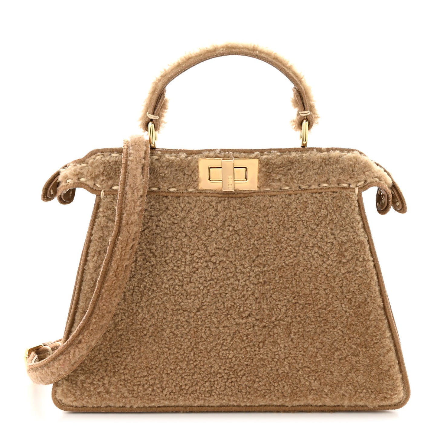Curly Shearling Shiny Nappa Small Peekaboo I SEE U Satchel Camel