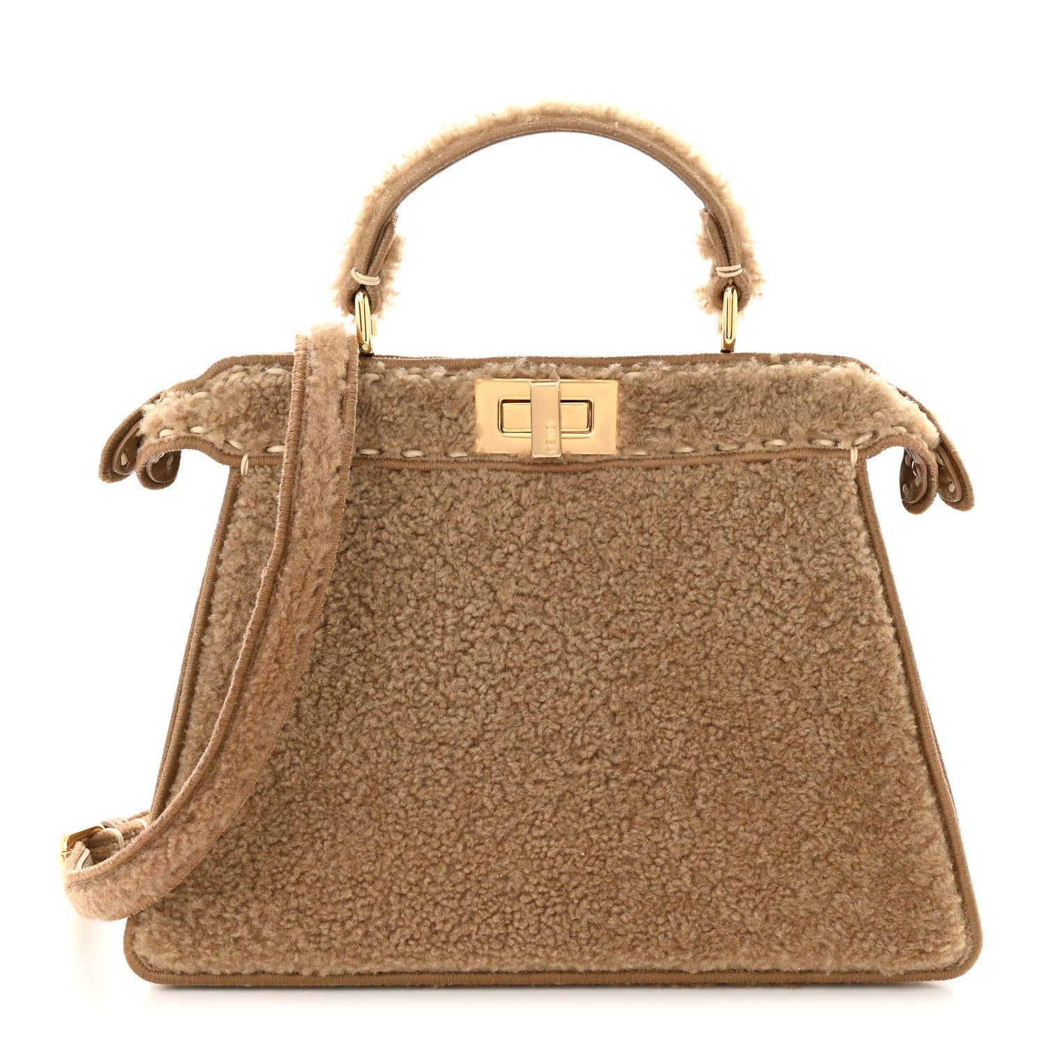 Fendi Curly Shearling Shiny Nappa Small Peekaboo I SEE U Satchel Camel 1 of 9