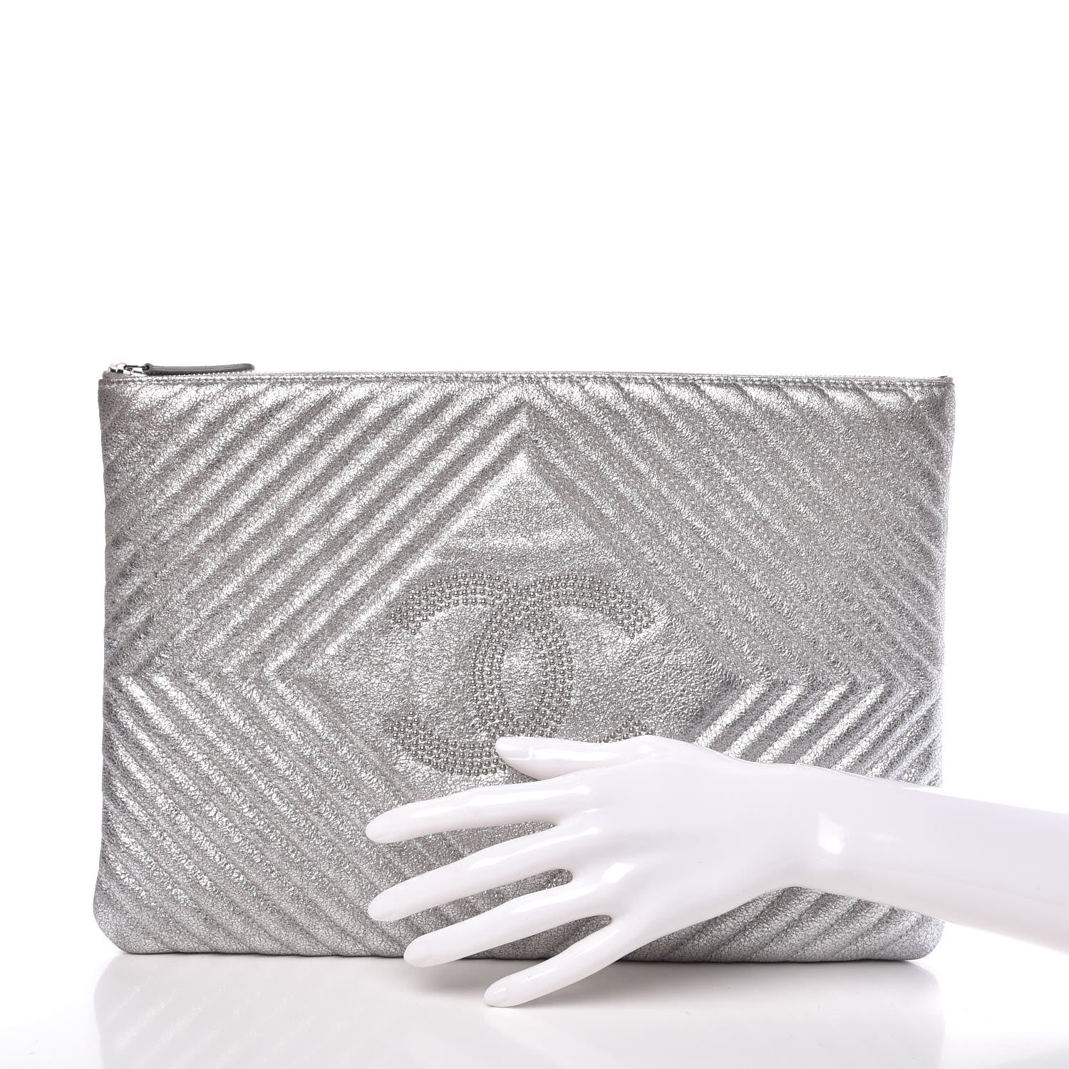Chanel Metallic Crackled Goatskin Studded Chevron Quilted CC Large Zip Clutch Silver 2 of 8