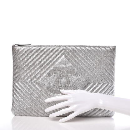 Chanel Metallic Crackled Goatskin Studded Chevron Quilted CC Large Zip Clutch Silver 2 of 8