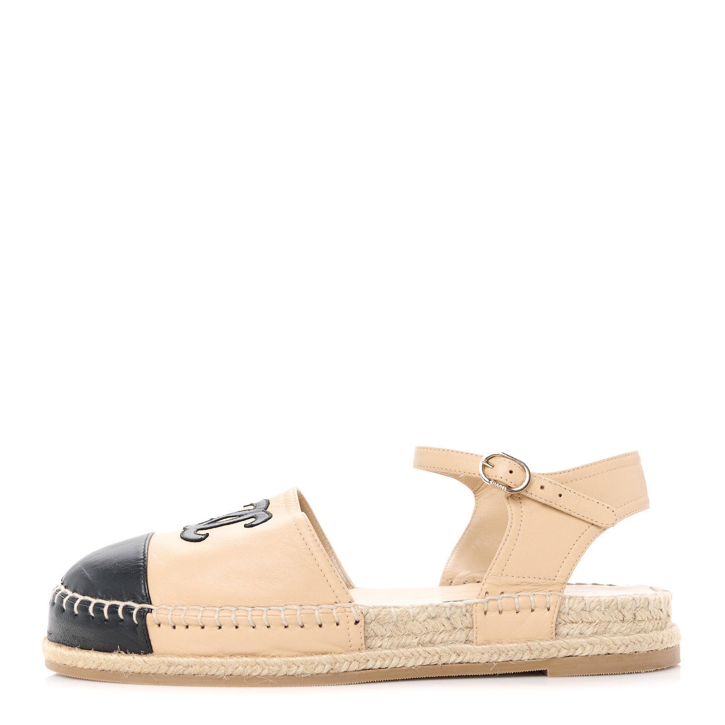 Lambskin Cap Toe CC Espadrille Sandals 38 Beige Black