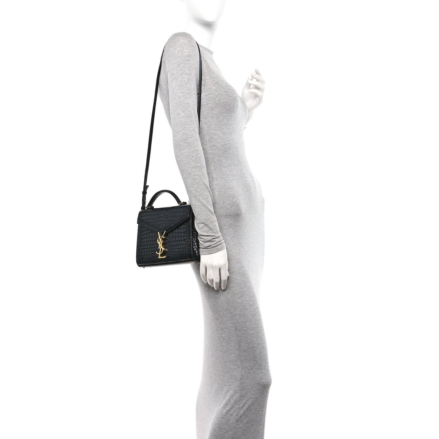 Saint Laurent Calfskin Crocodile Embossed Mini Classic Monogram Cassandra Top Handle Black 2 of 12