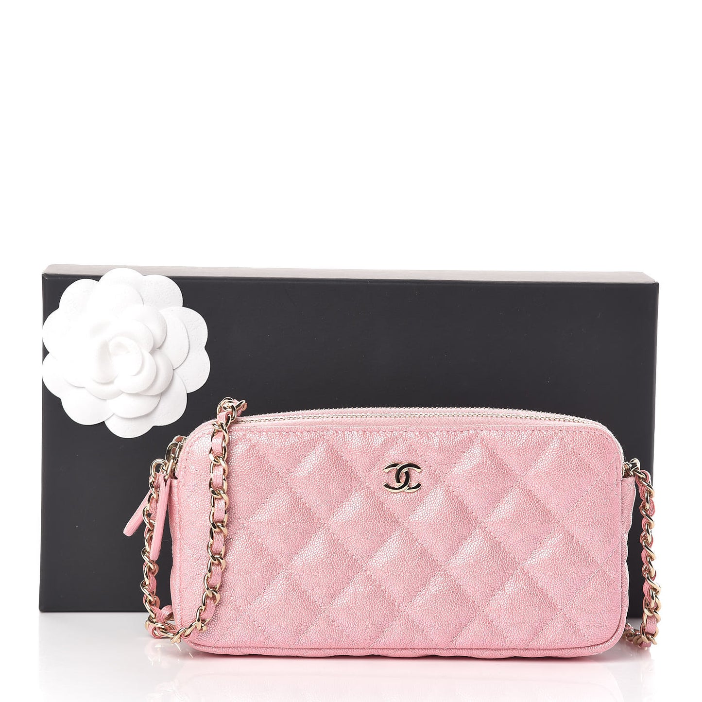 Iridescent Caviar Quilted Small Clutch With Chain Pink