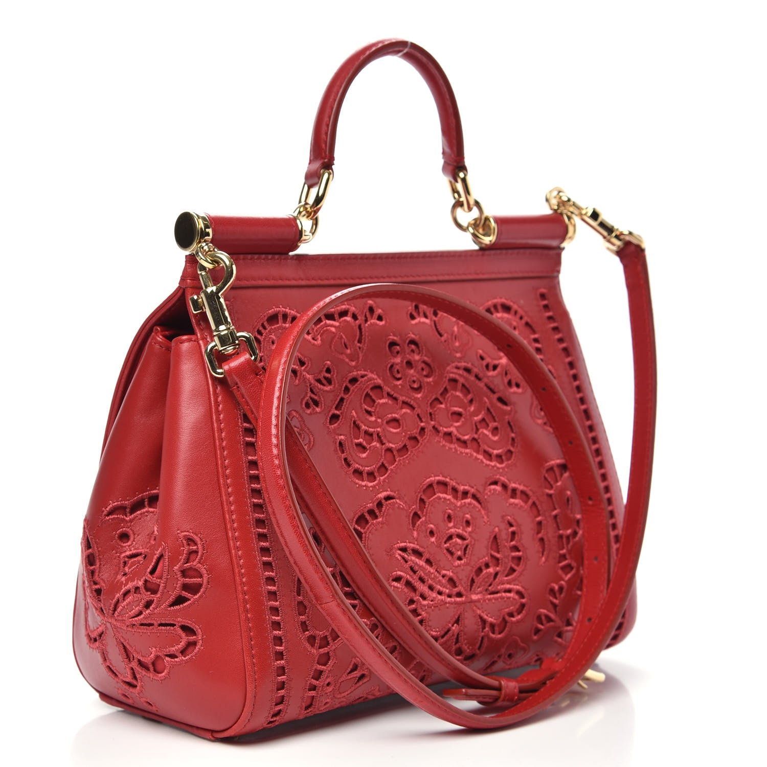 Dolce & Gabbana Lambskin Medium Embroidered Laser Cut Miss Sicily Satchel Red 4 of 14
