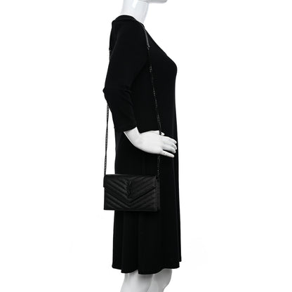 Saint Laurent Grain De Poudre Matelasse Chevron Monochrome Monogam Envelope Chain Wallet Black 2 of 11