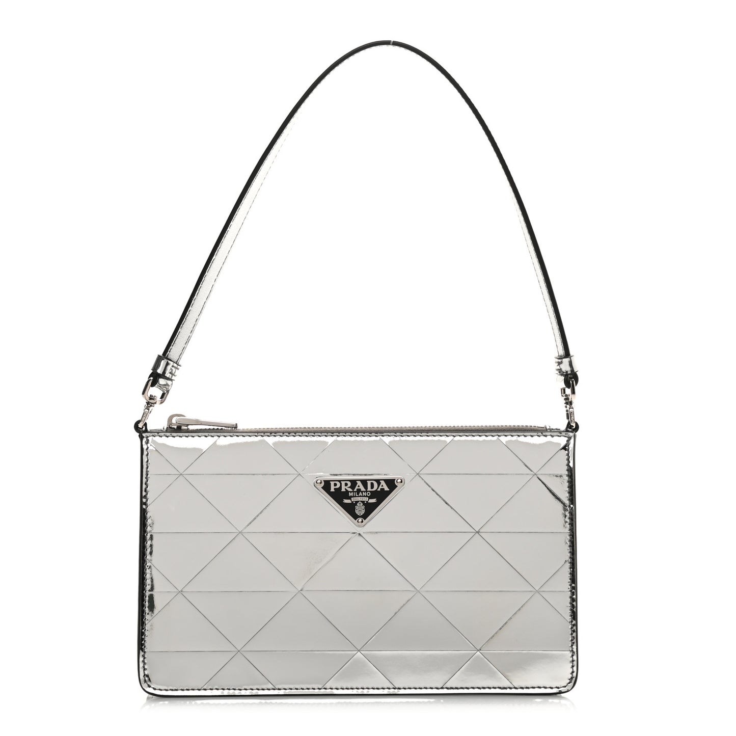 Spazzolato Metal Triangle Logo Triangle Patterned Mini Shoulder Bag Argento