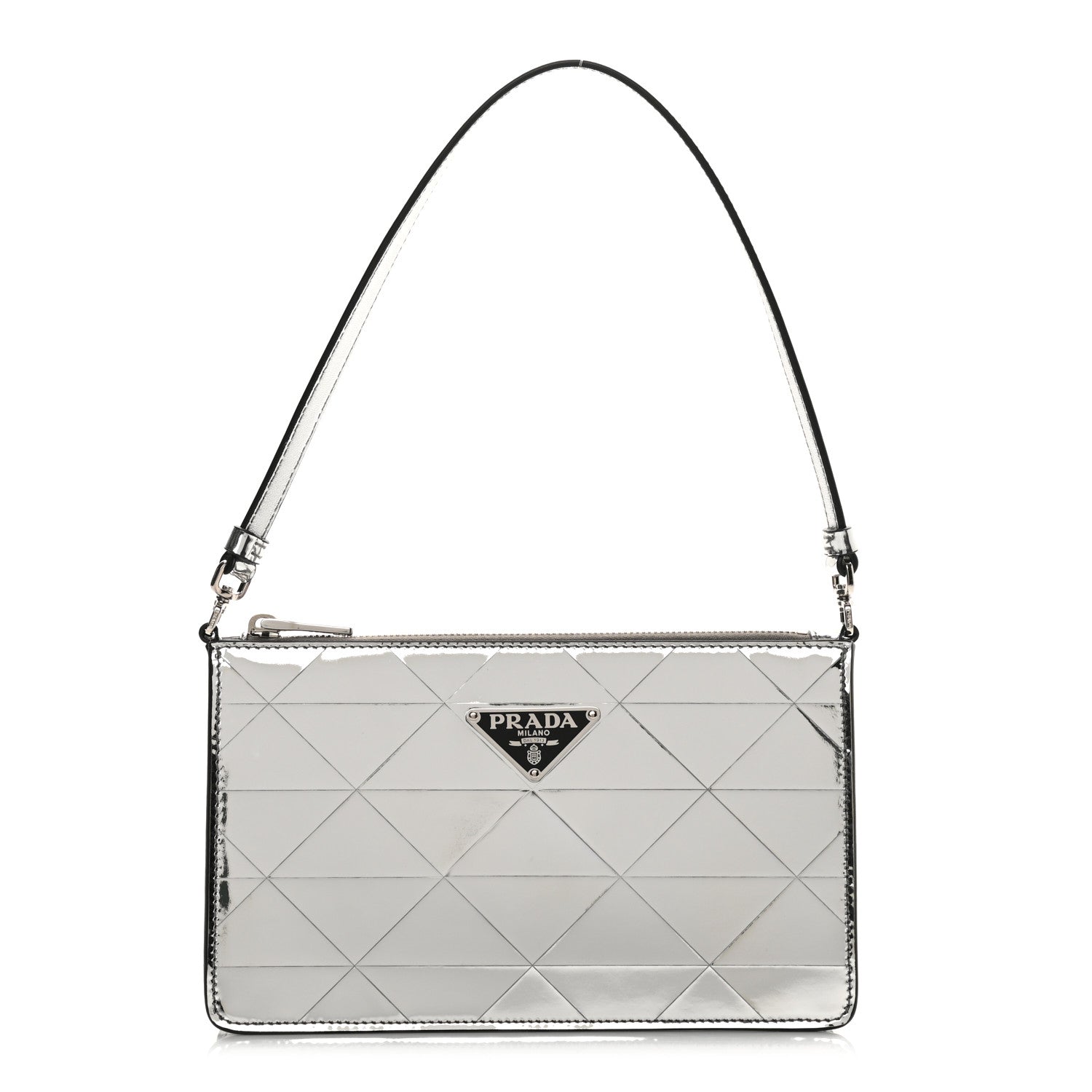 Prada Spazzolato Metal Triangle Logo Triangle Patterned Mini Shoulder Bag Argento 1 of 8