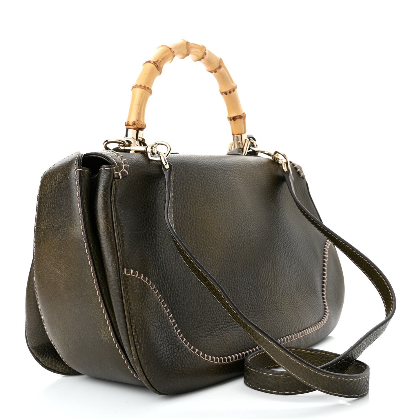 Calfskin Large New Bamboo Top Handle Bag Olive Green
