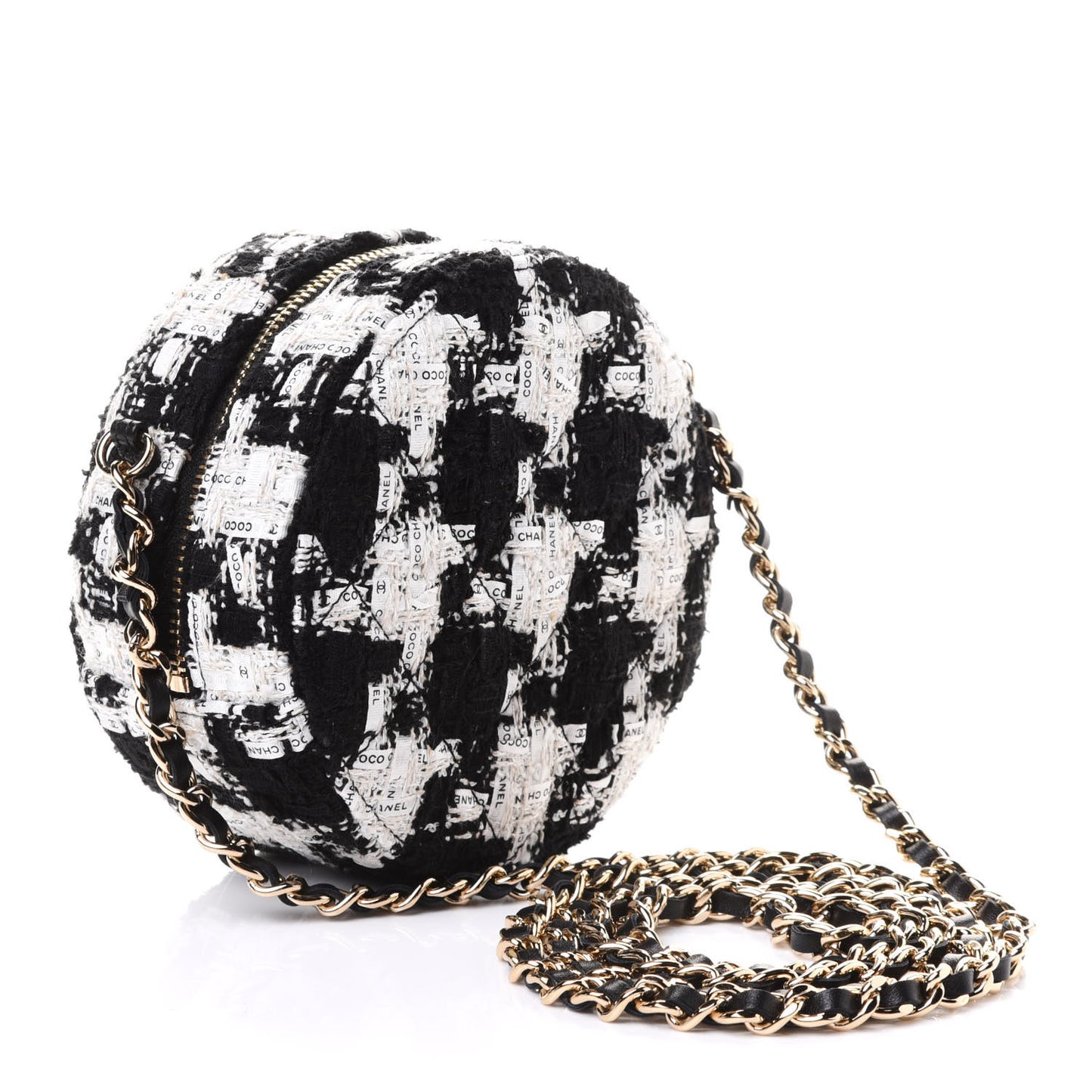 Tweed Quilted Round Clutch With Chain Black Ecru White
