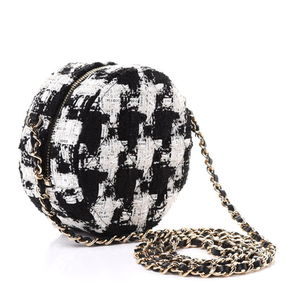 Chanel Tweed Quilted Round Clutch With Chain Black Ecru White 2 of 10