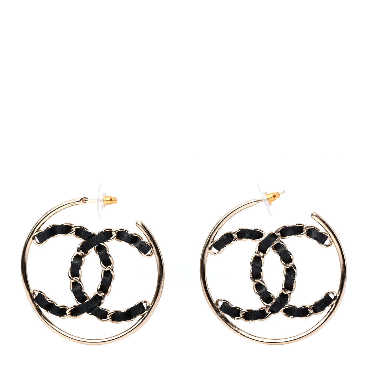 Lambskin CC Chain Hoop Earrings Black Gold