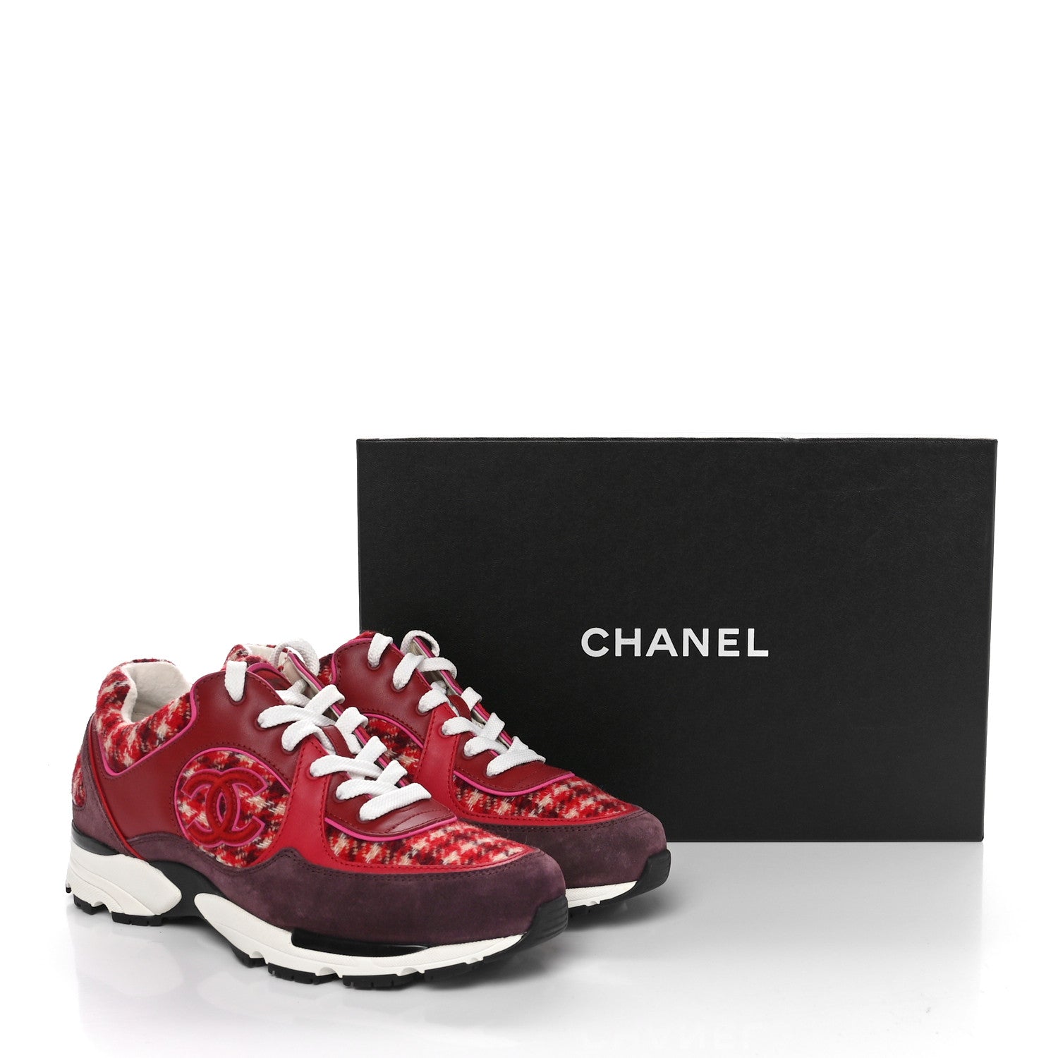 Chanel Wool Tweed Suede Calfskin Womens CC Sneakers 39 Red White Dark Brown Burgundy 9 of 9