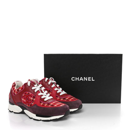 Chanel Wool Tweed Suede Calfskin Womens CC Sneakers 39 Red White Dark Brown Burgundy 9 of 9