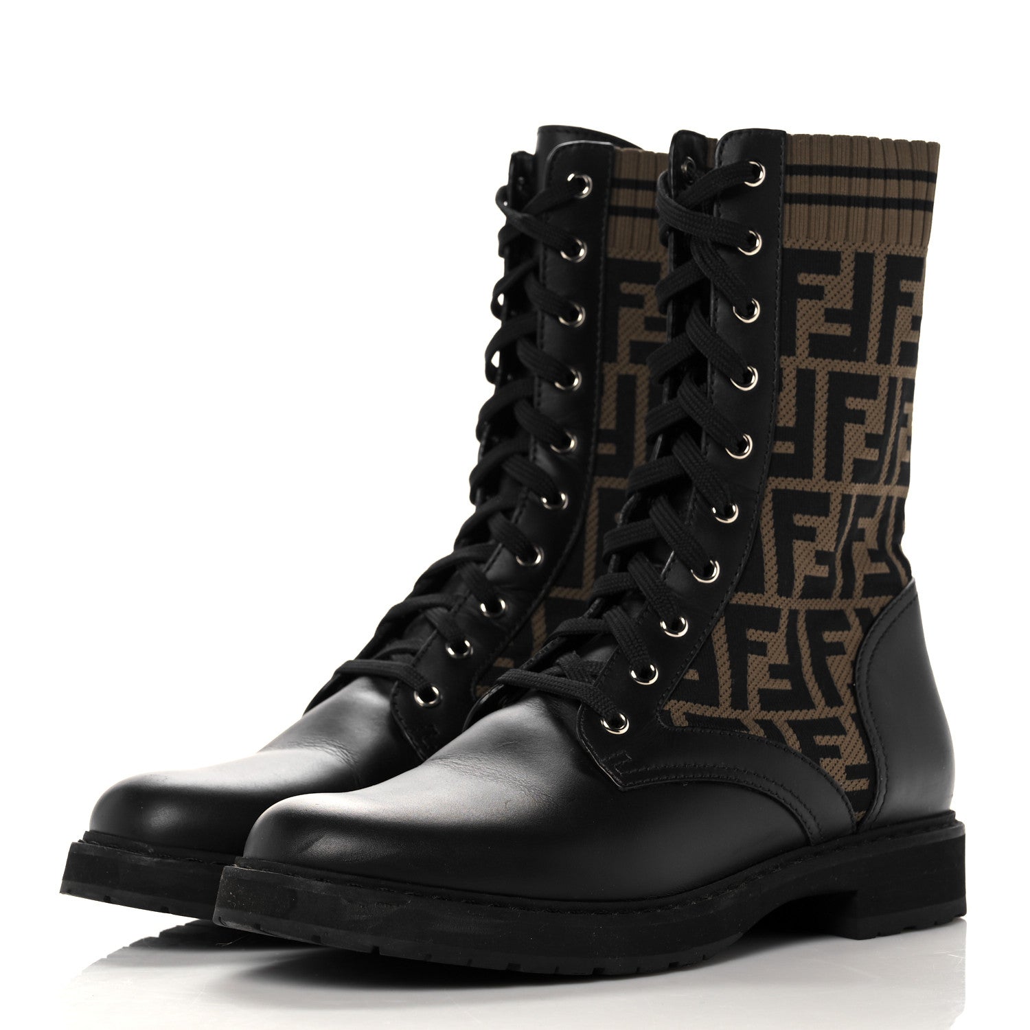 Fendi Calfskin Stretch Fabric FF Rockoko Biker Boots 41 Black Tobacco 3 of 13
