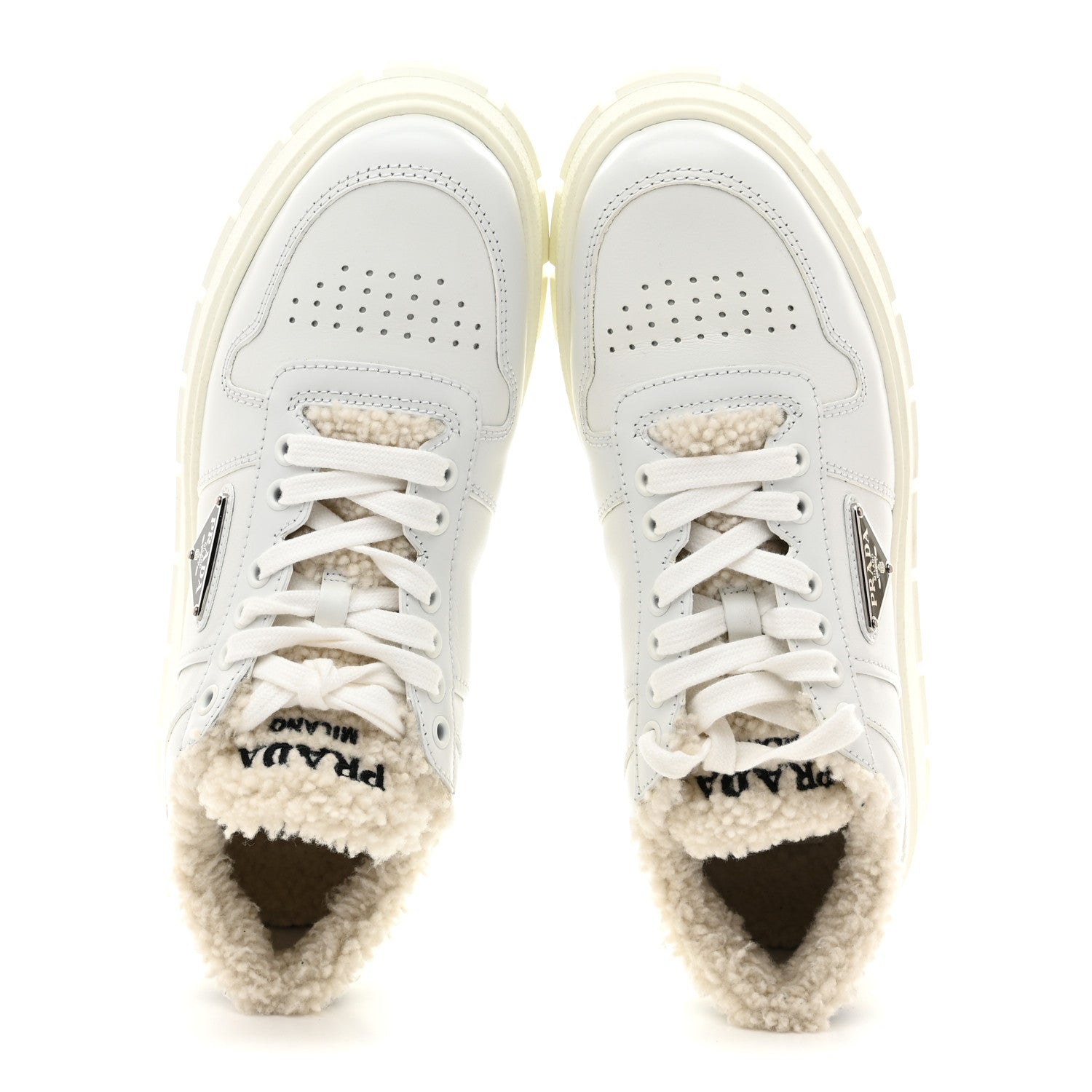 Prada Calfskin Shearling Metal Triangle Logo Sneakers 35.5 White 2 of 9