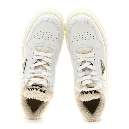 Prada Calfskin Shearling Metal Triangle Logo Sneakers 35.5 White 2 of 9