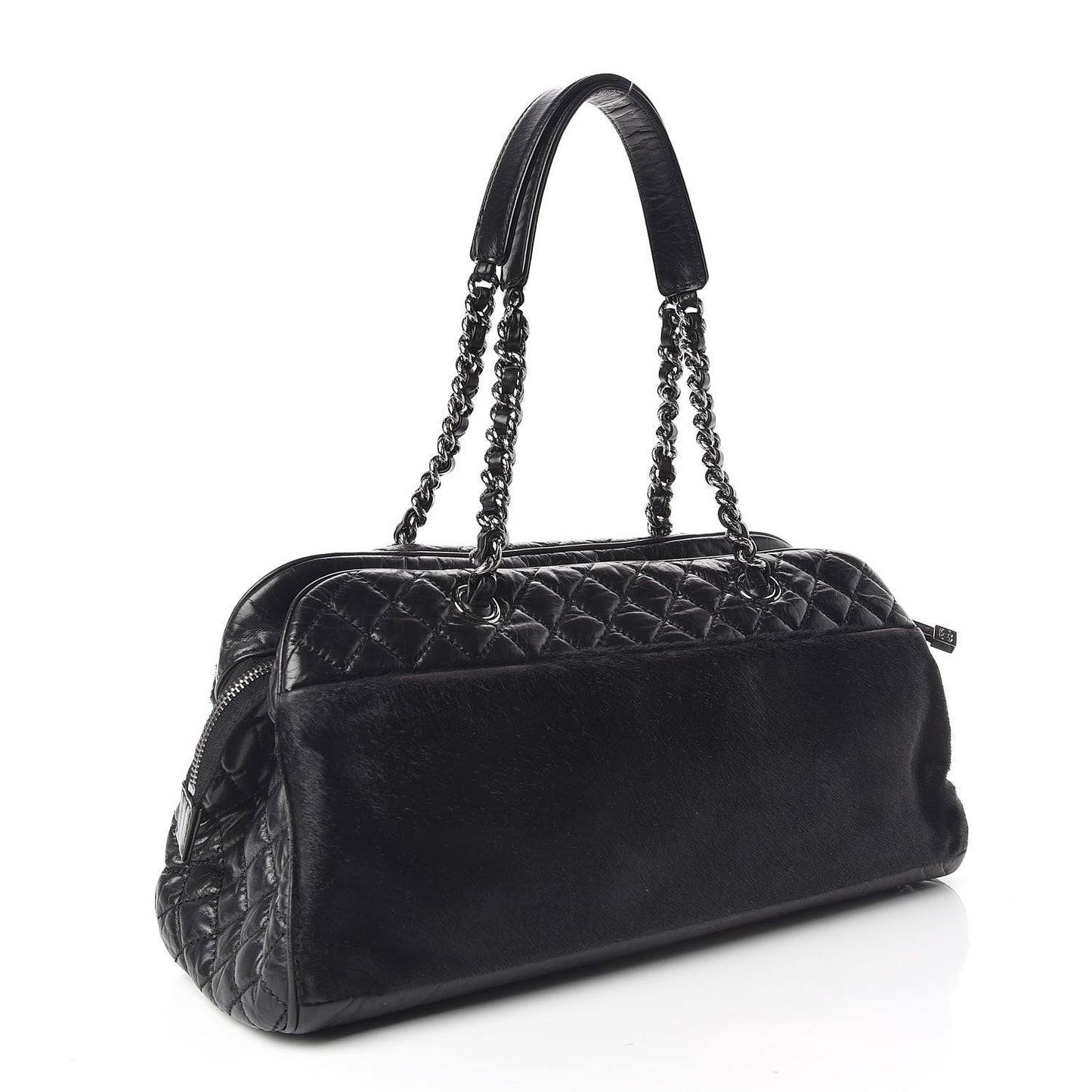 Aged Calfskin Pony Hair Quilted Miss Pony Bowler Black
