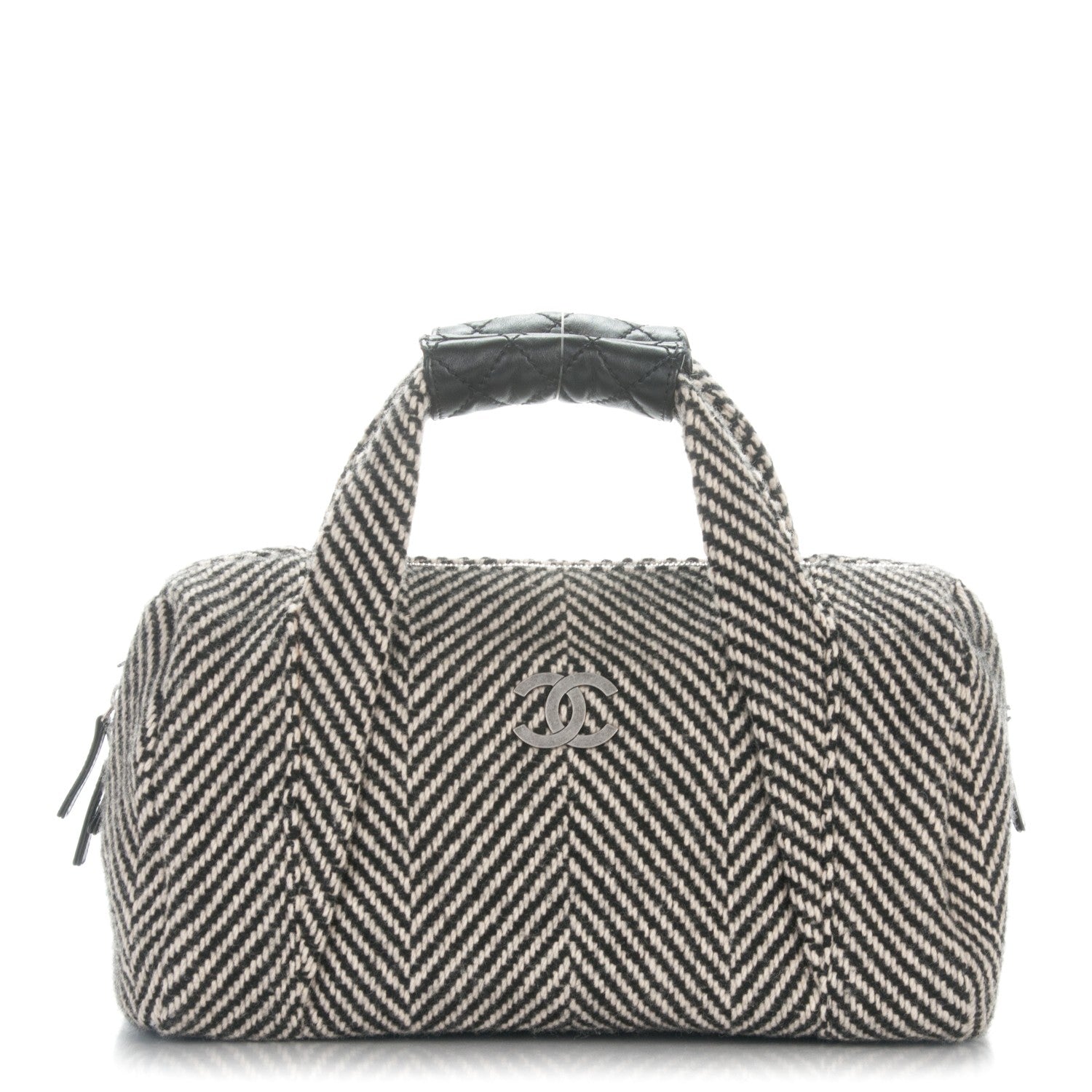 Chanel Wool Calfskin CC Chevron All Day Long Boston Black White 1 of 9