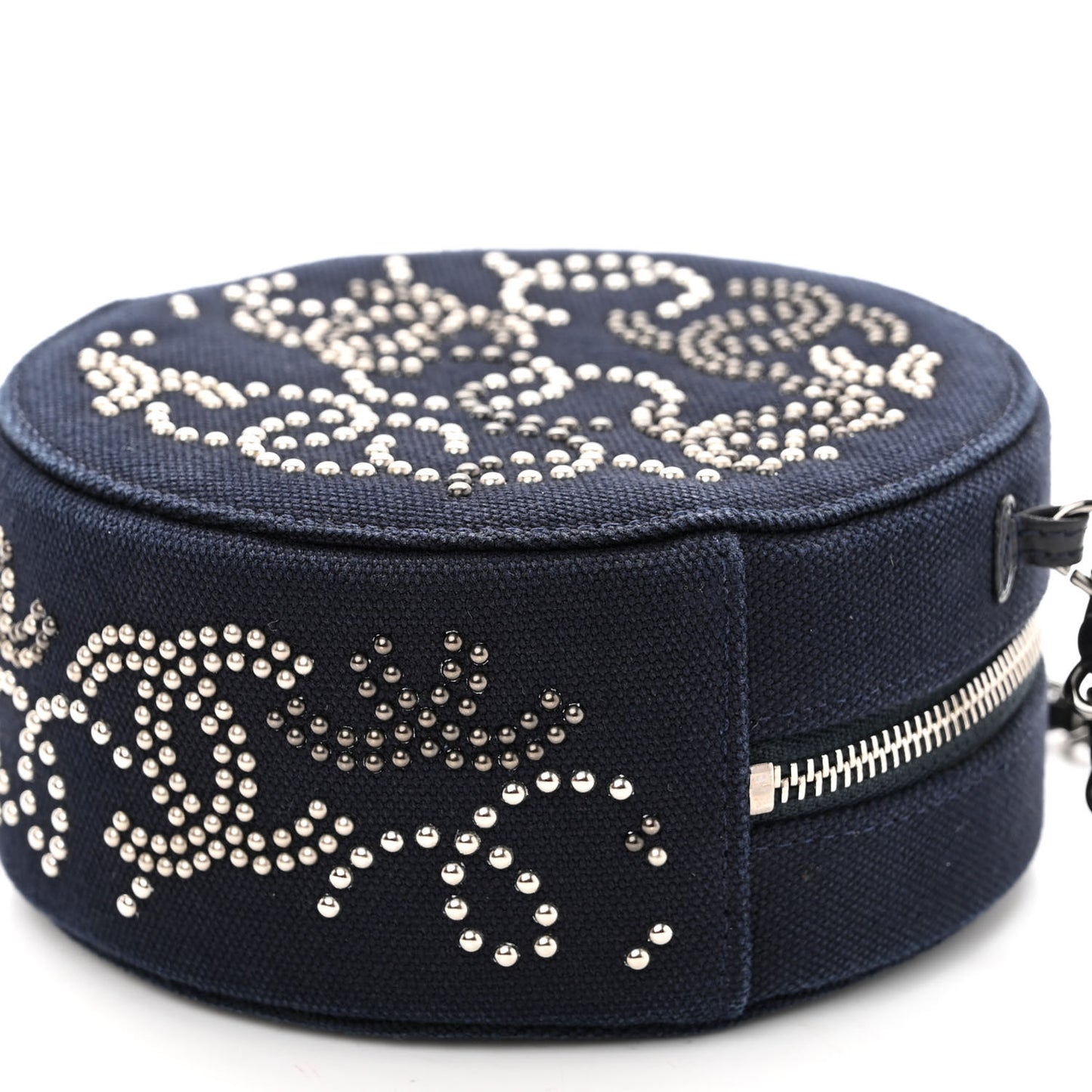 Canvas CC Studded Round Clutch With Chain Navy