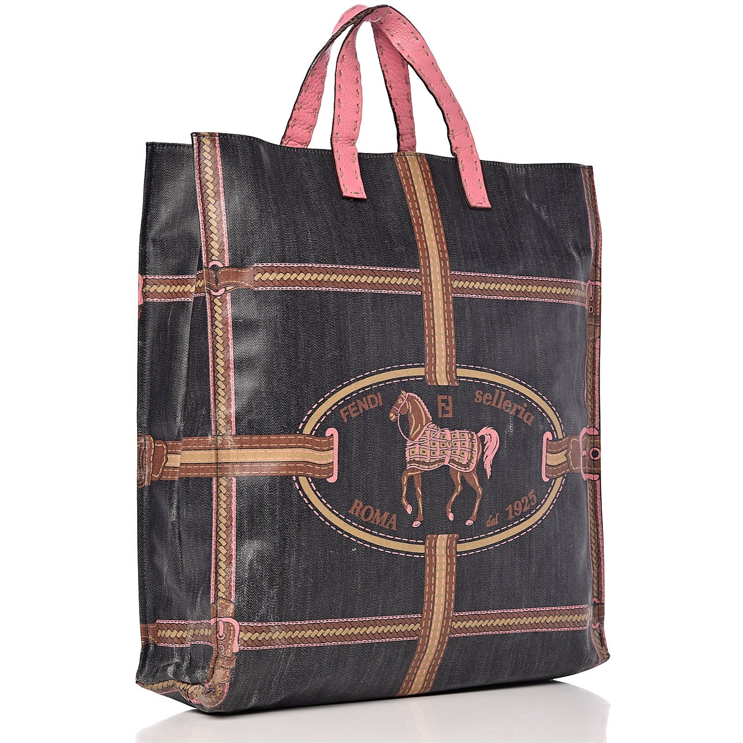 Coated Canvas Calfskin Romano Selleria Borghese Print Special Shopping Tote Blue Rosa