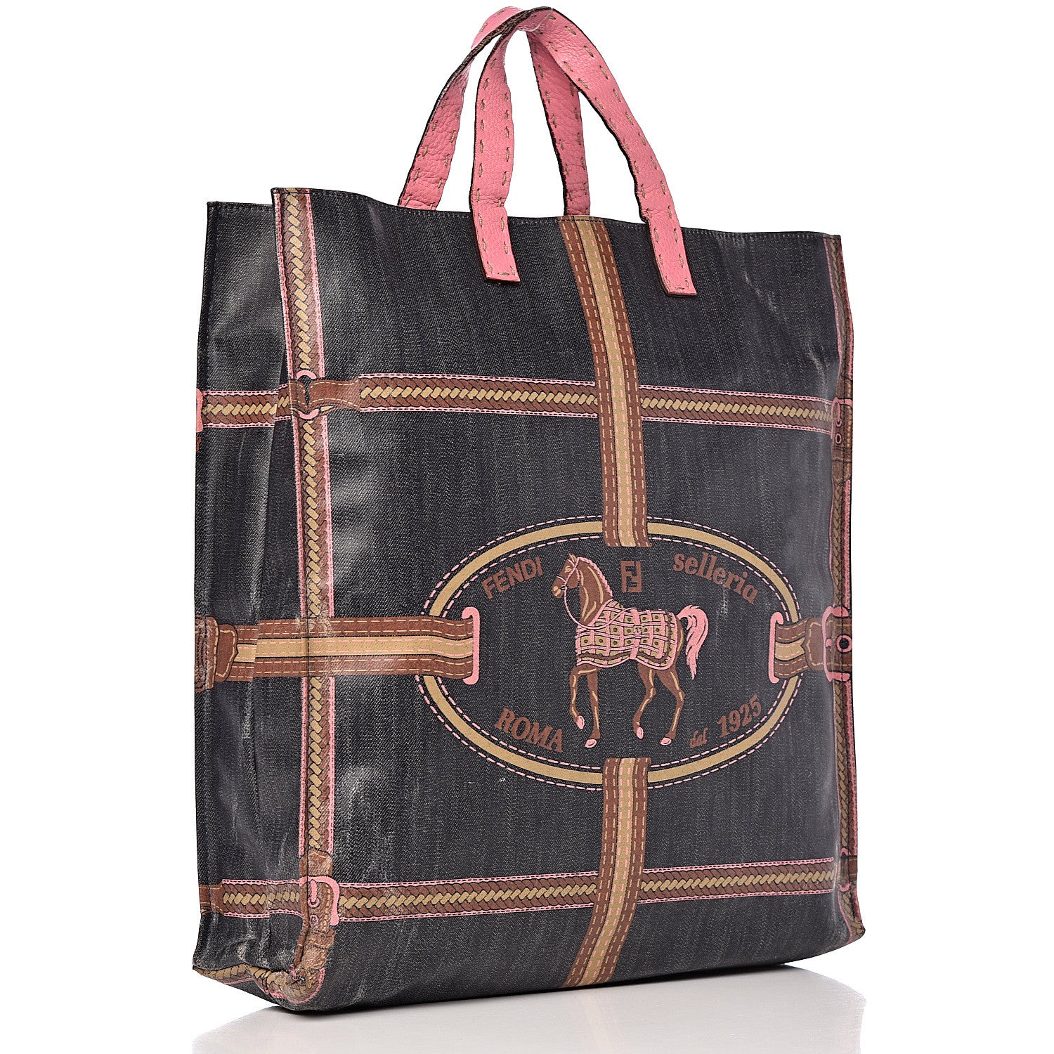 Fendi Coated Canvas Calfskin Romano Selleria Borghese Print Special Shopping Tote Blue Rosa 3 of 22
