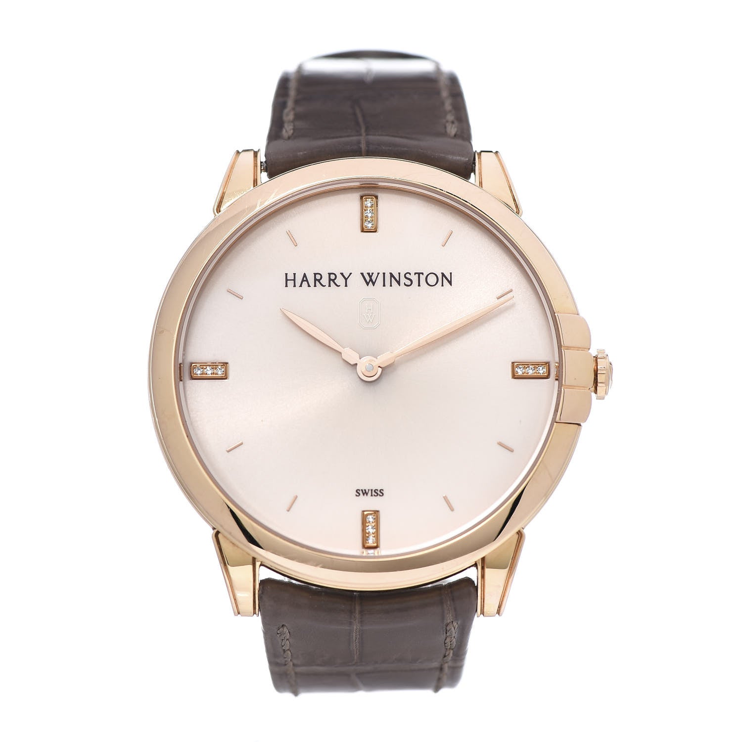Harry Winston 18K Rose Gold Alligator Diamond 39mm Midnight Quartz Watch Champagne Sunray 1 of 10
