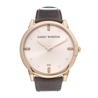 Harry Winston 18K Rose Gold Alligator Diamond 39mm Midnight Quartz Watch Champagne Sunray 1 of 10