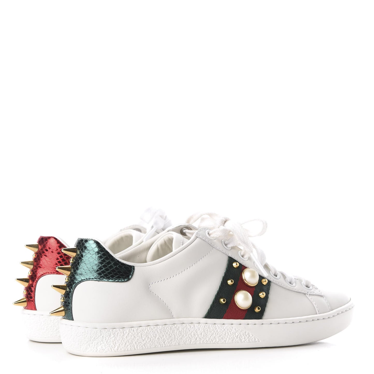 Calfskin Web Pearl Studded Womens Ace Sneakers 35 White